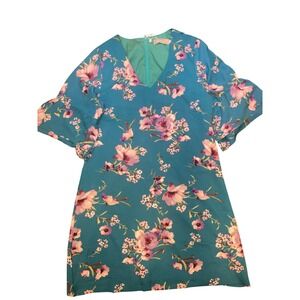 Belongsi Women's Teal Floral Bell Sleeve V Neck Midi Dress Sz L